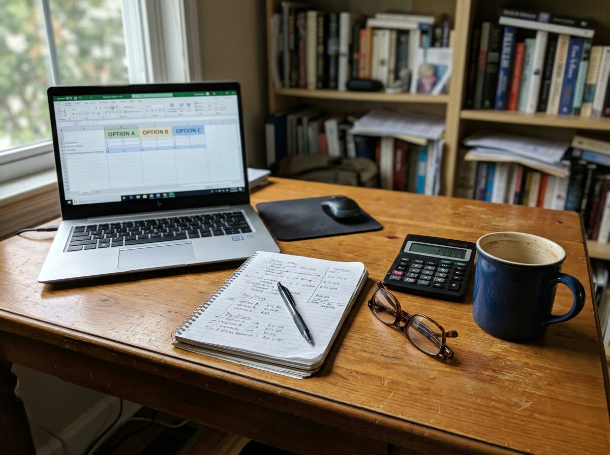 A home desk used for comparing consumer options: a laptop, a notepad with handwritten pros and cons, a calculator, and a coffee mug