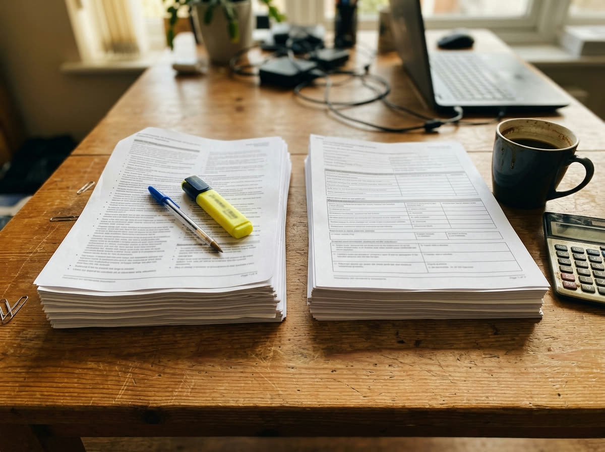 Two neat stacks of printed insurance documents side by side on a table for comparison, with a pen, highlighter, calculator and coffee mug