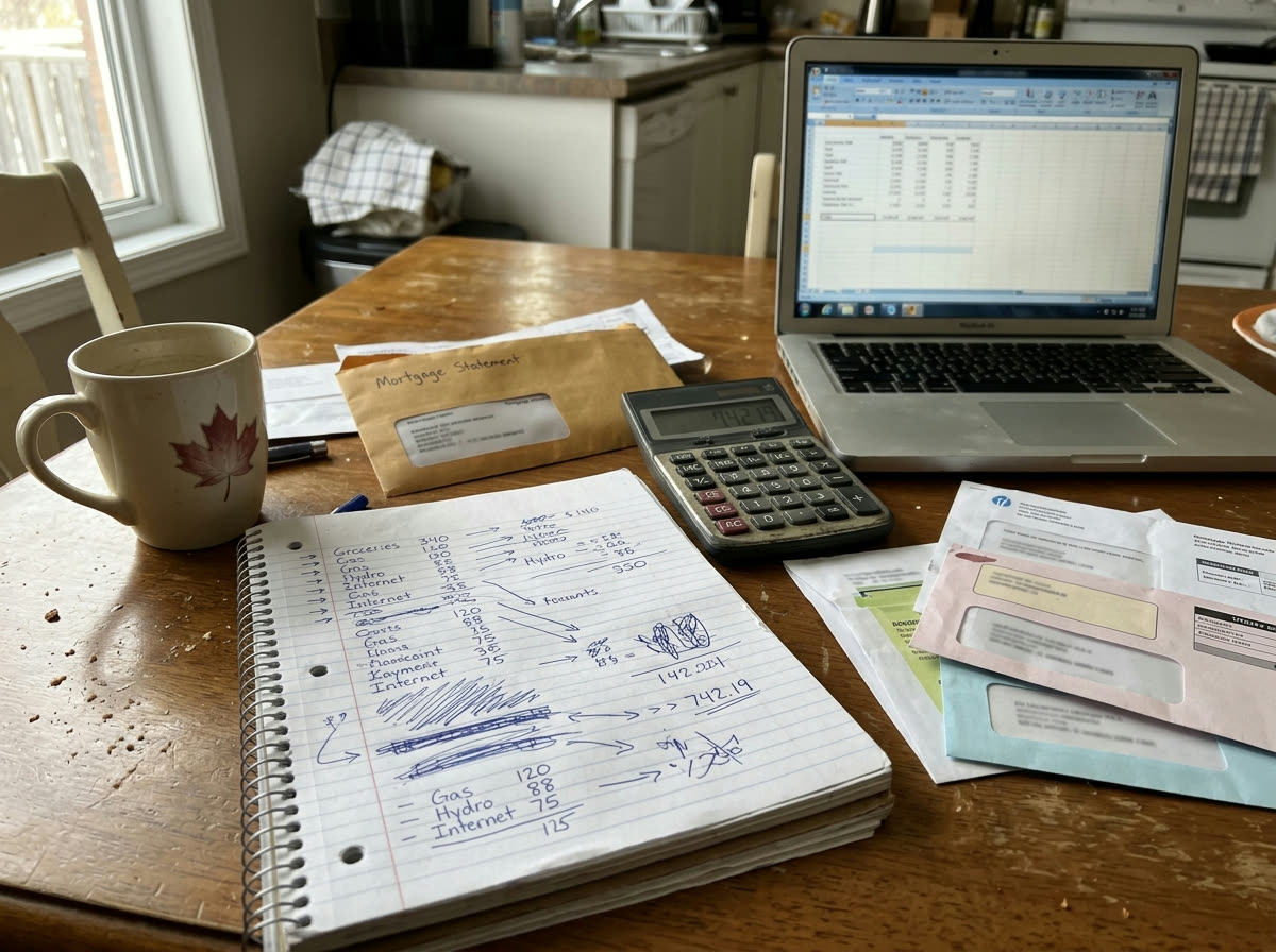 A household budgeting session at a kitchen table: a notepad covered in handwritten numbers, a calculator, a laptop, a mortgage statement and a mug