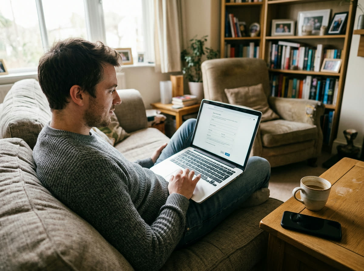 A relaxed person on a sofa filling out a simple online form on a laptop, a phone and coffee on the side table