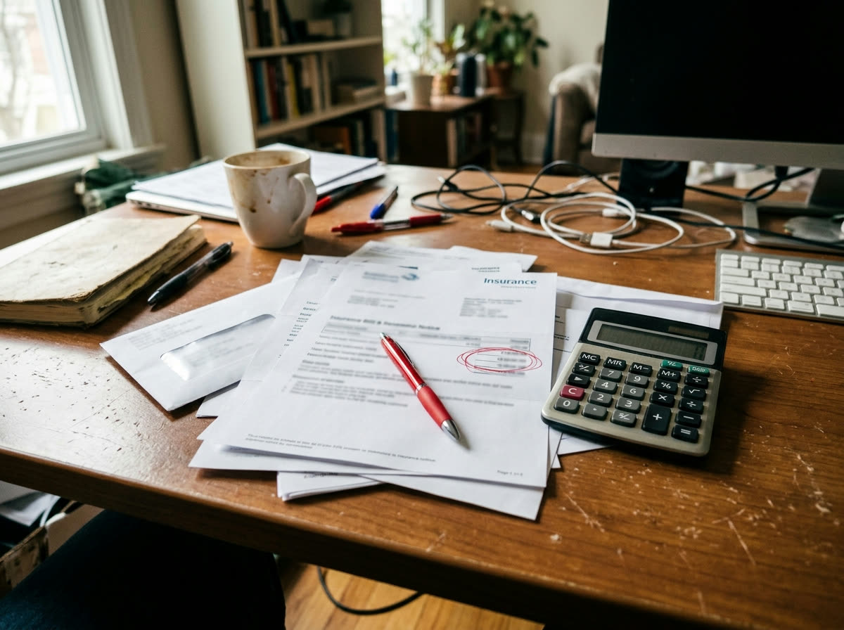 A small pile of renewal letters and insurance bills on a desk with a red pen circling a figure, a calculator beside them