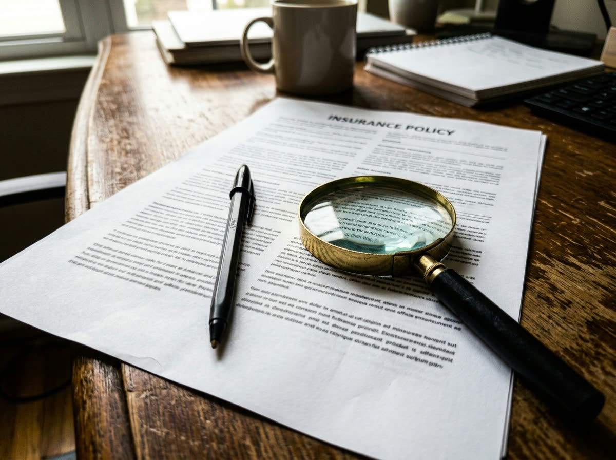 A dense printed insurance policy document on a table with a magnifying glass resting over a paragraph of fine print and a pen alongside