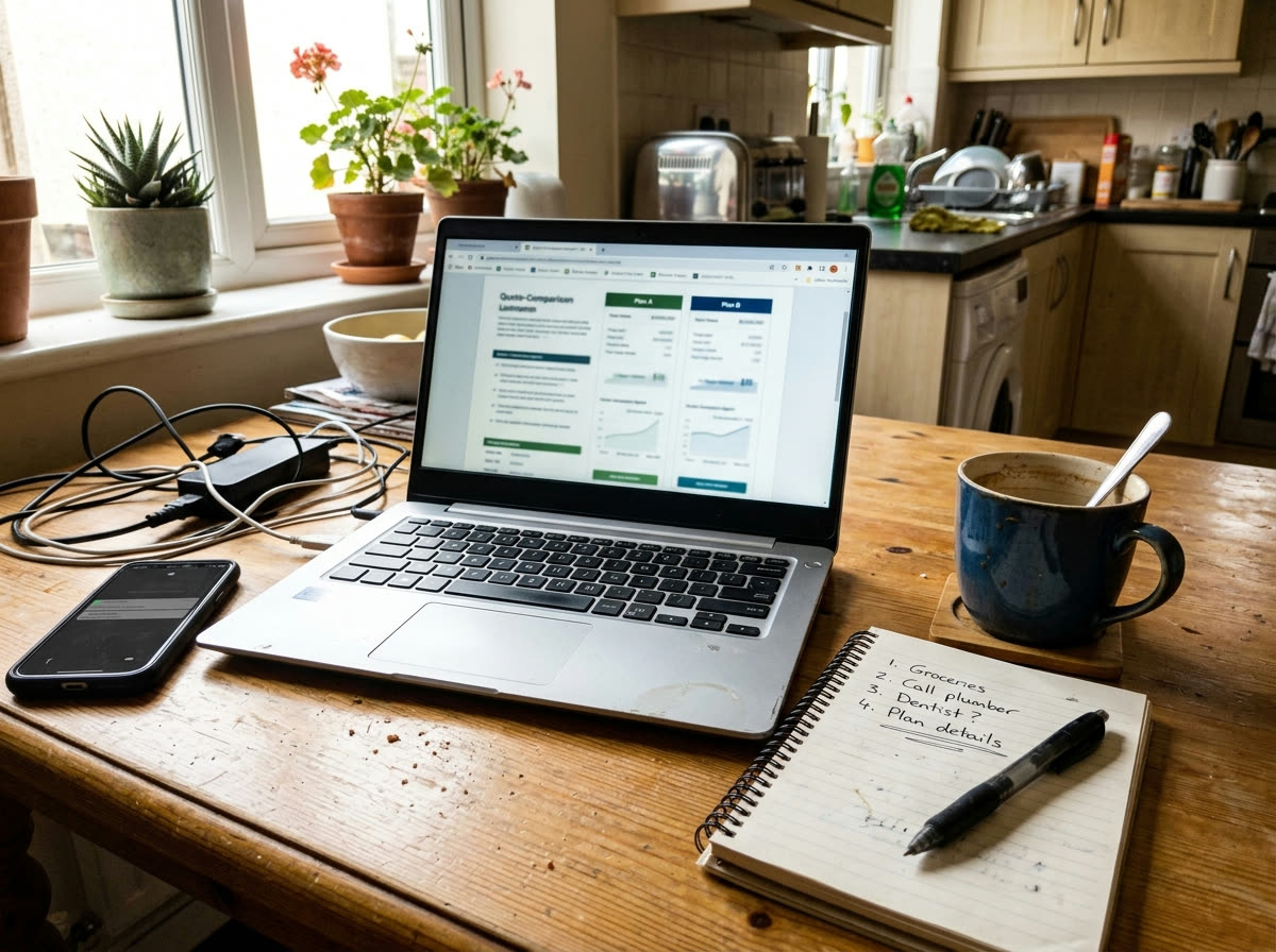 A laptop on a kitchen table open to a generic quote-comparison layout, a notepad with a short handwritten list beside it, a phone and a coffee mug