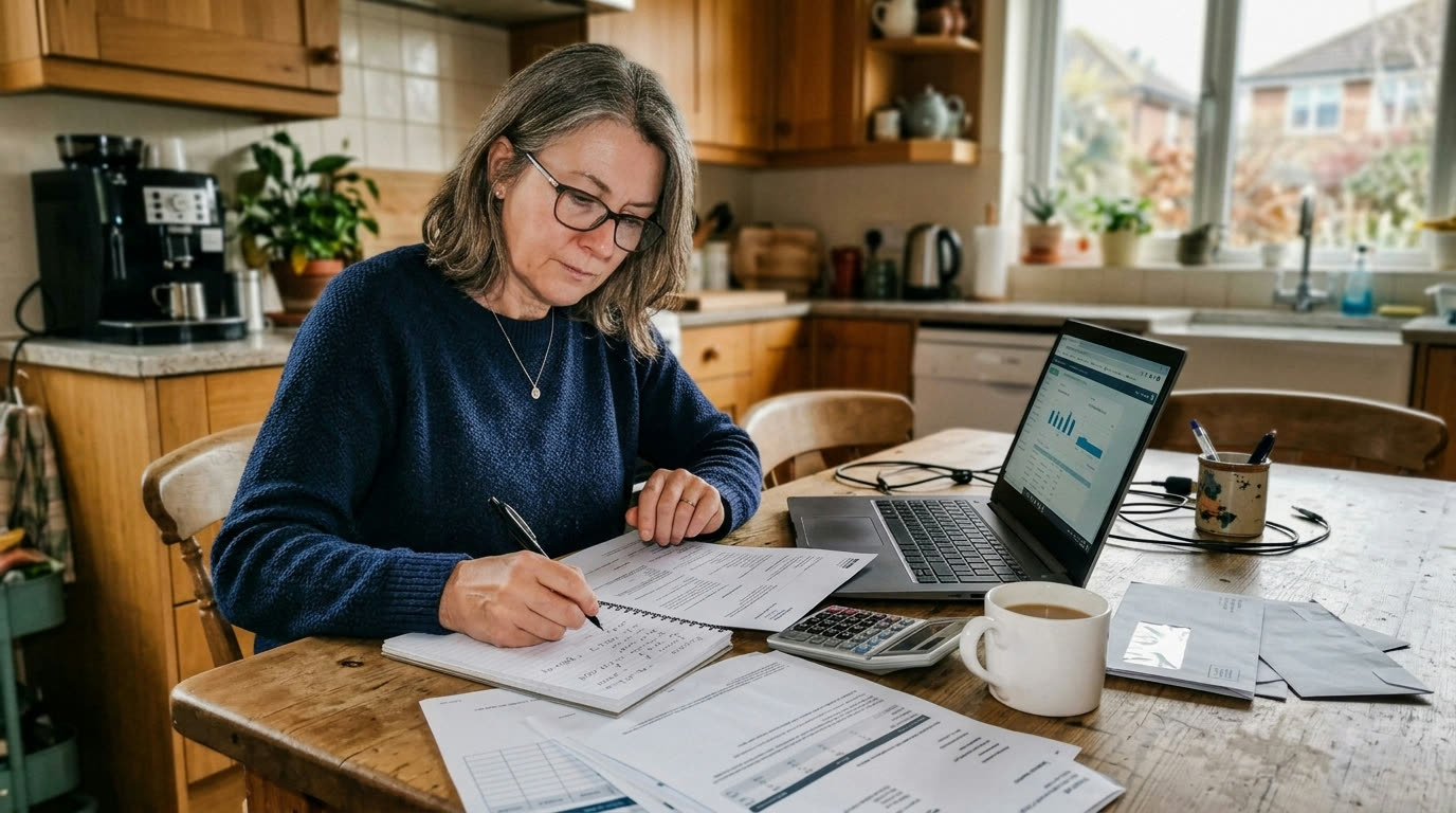 A person at a kitchen table reviewing insurance and financial paperwork with a laptop, calculator, and coffee